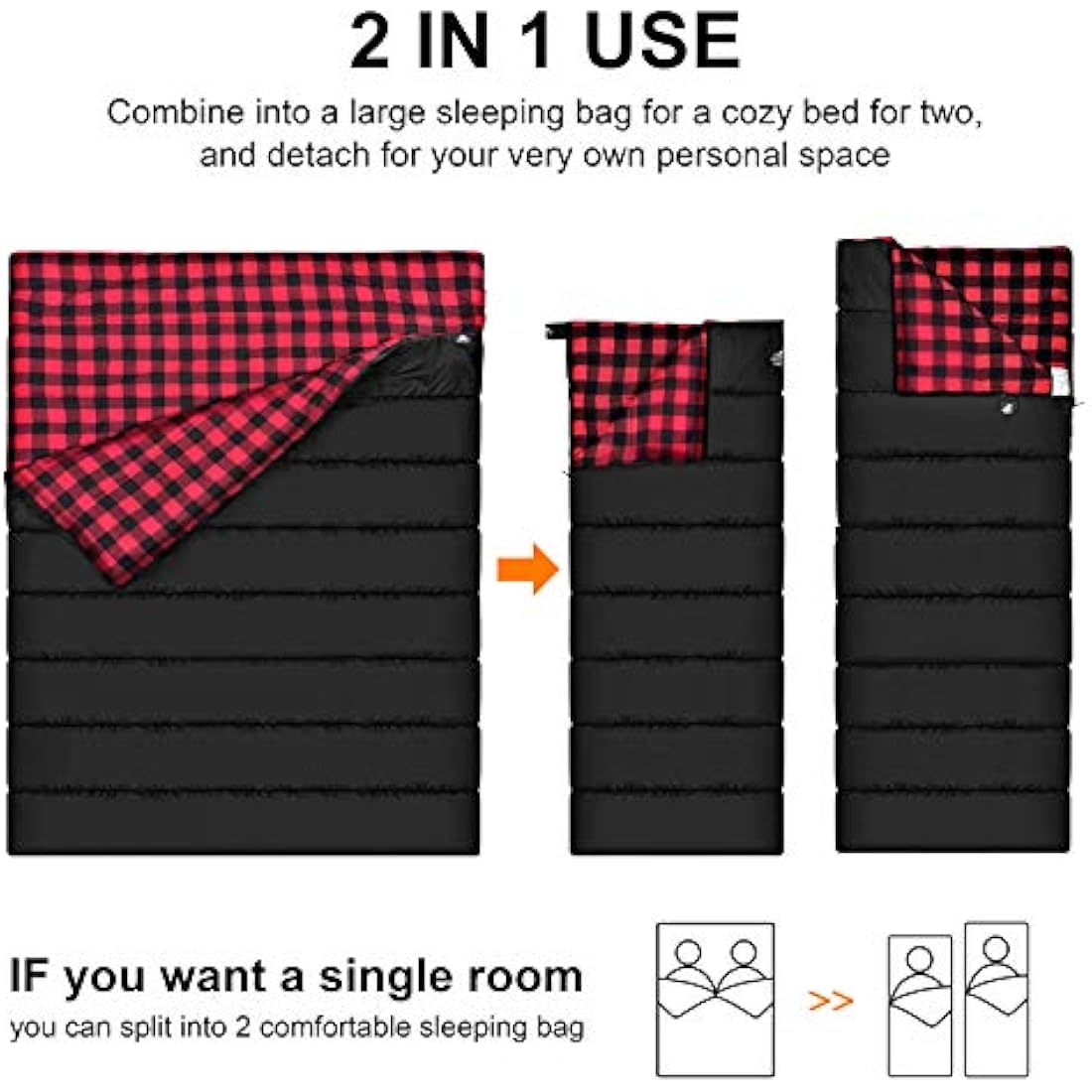Agemore Double Flannel Sleeping Bag | Waterproof 2 Person Camping Gear