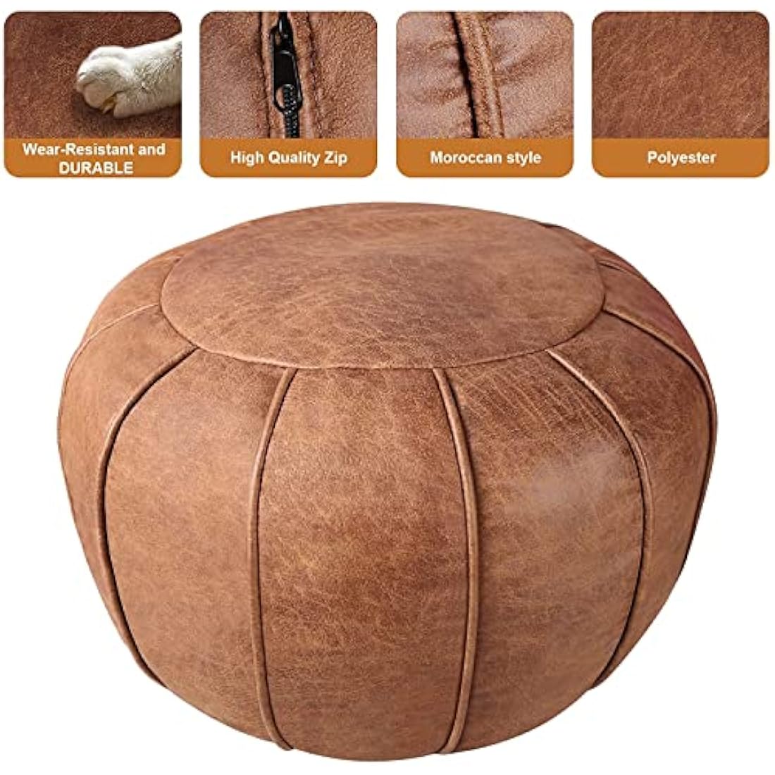 Louis Donné Round Faux Leather Pouf Ottoman Cover - Cognac Brown