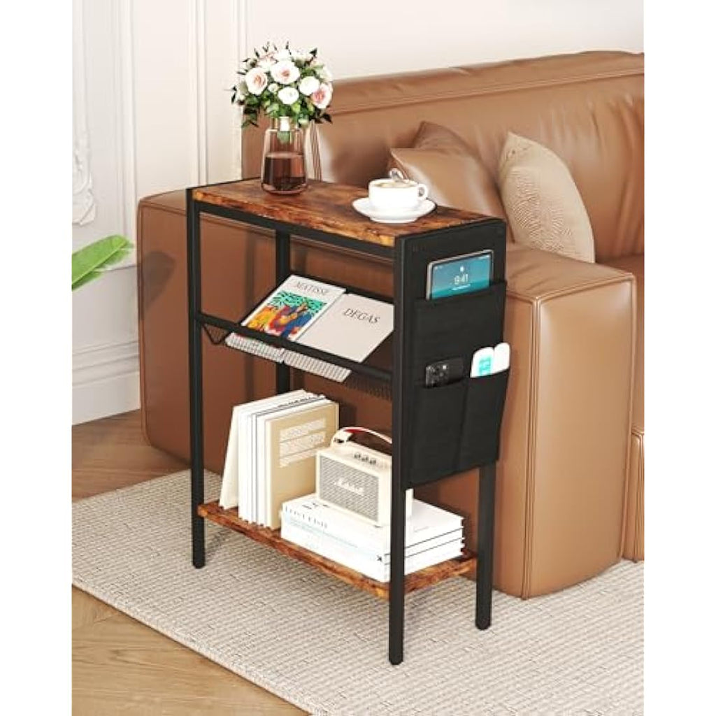 Yusong Narrow Side Table – 3-Tier Slim End Table with Storage, Rustic Brown