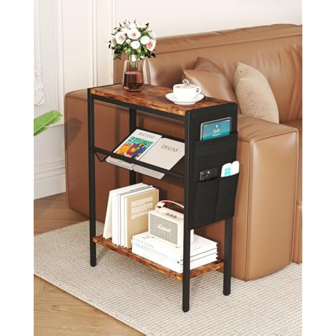 Yusong Narrow Side Table – 3-Tier Slim End Table with Storage, Rustic Brown