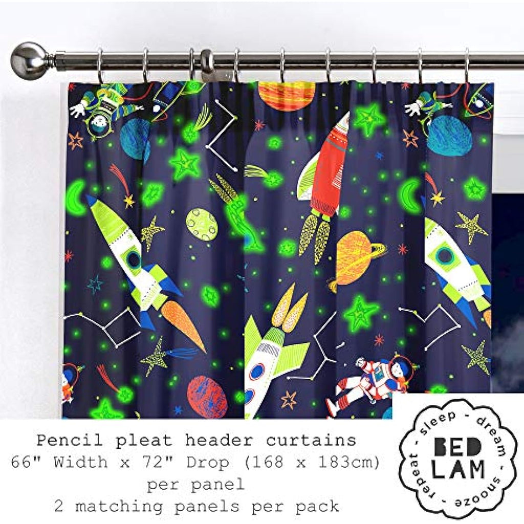 Bedlam Supersonic Glow in the Dark Kids Space Curtains - Blue, 66x72