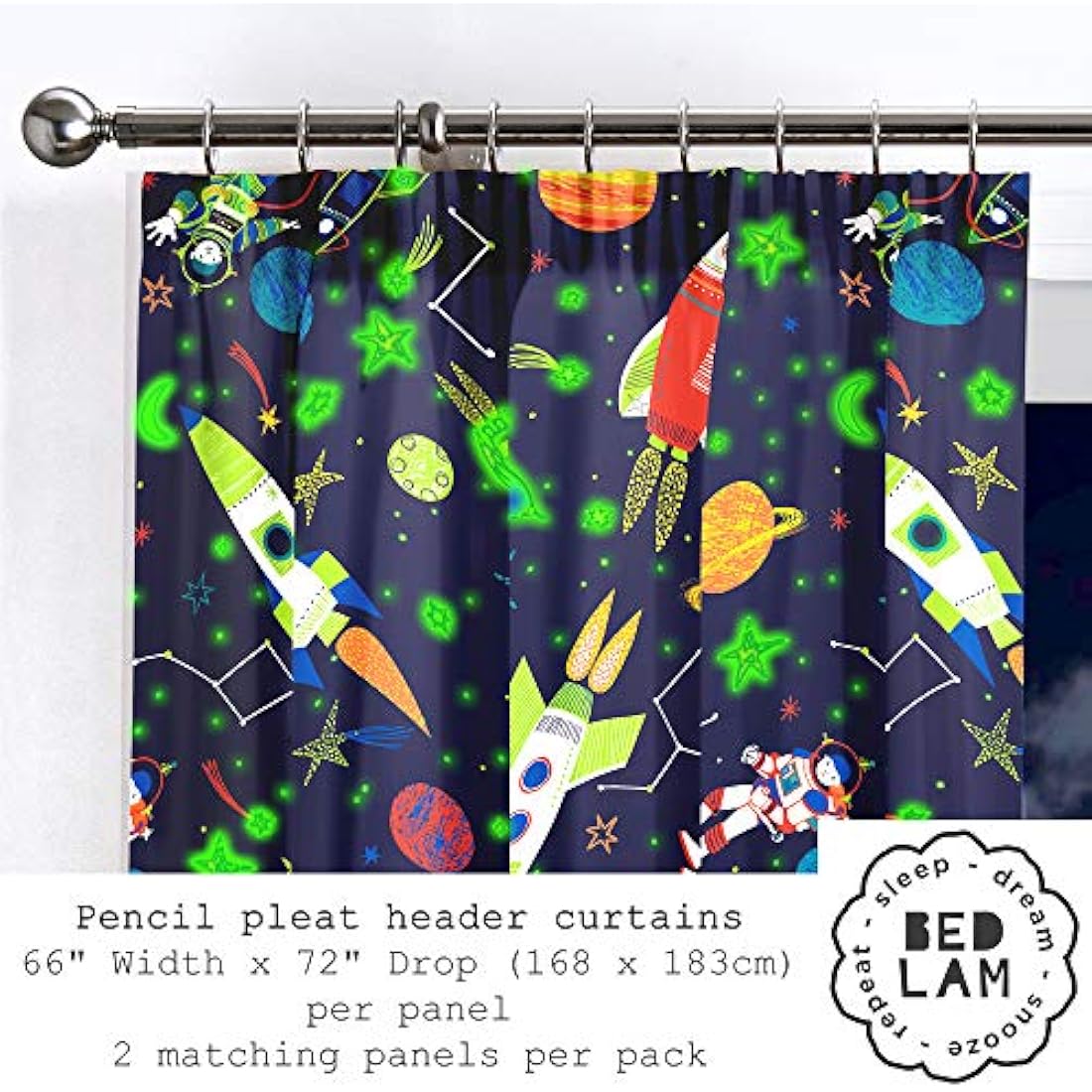Bedlam Supersonic Glow in the Dark Kids Space Curtains - Blue, 66x72