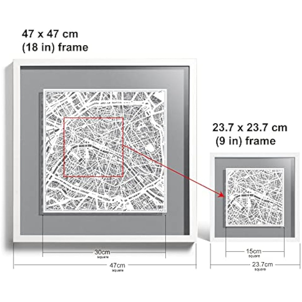 Paris Paper Cut Map Art –  Framed 3D Wall Decor, 9x9