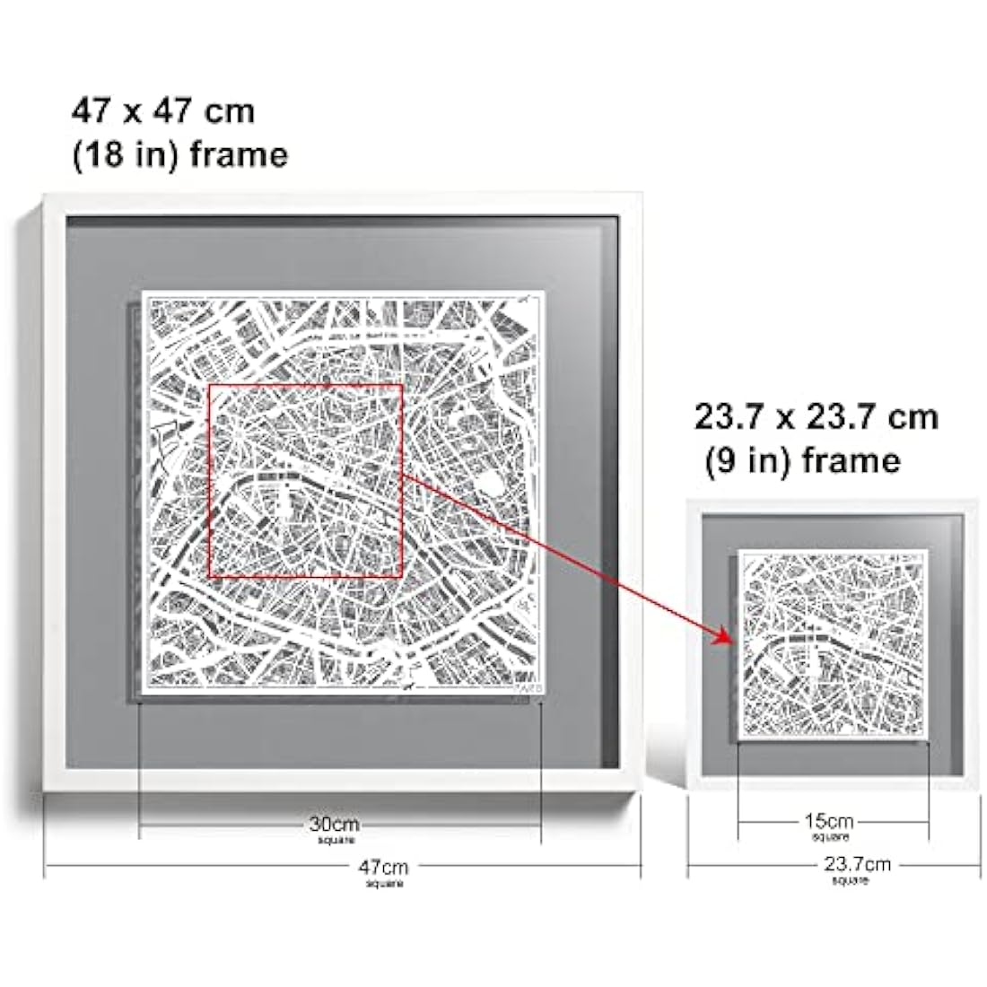 Paris Paper Cut Map Art –  Framed 3D Wall Decor, 9x9