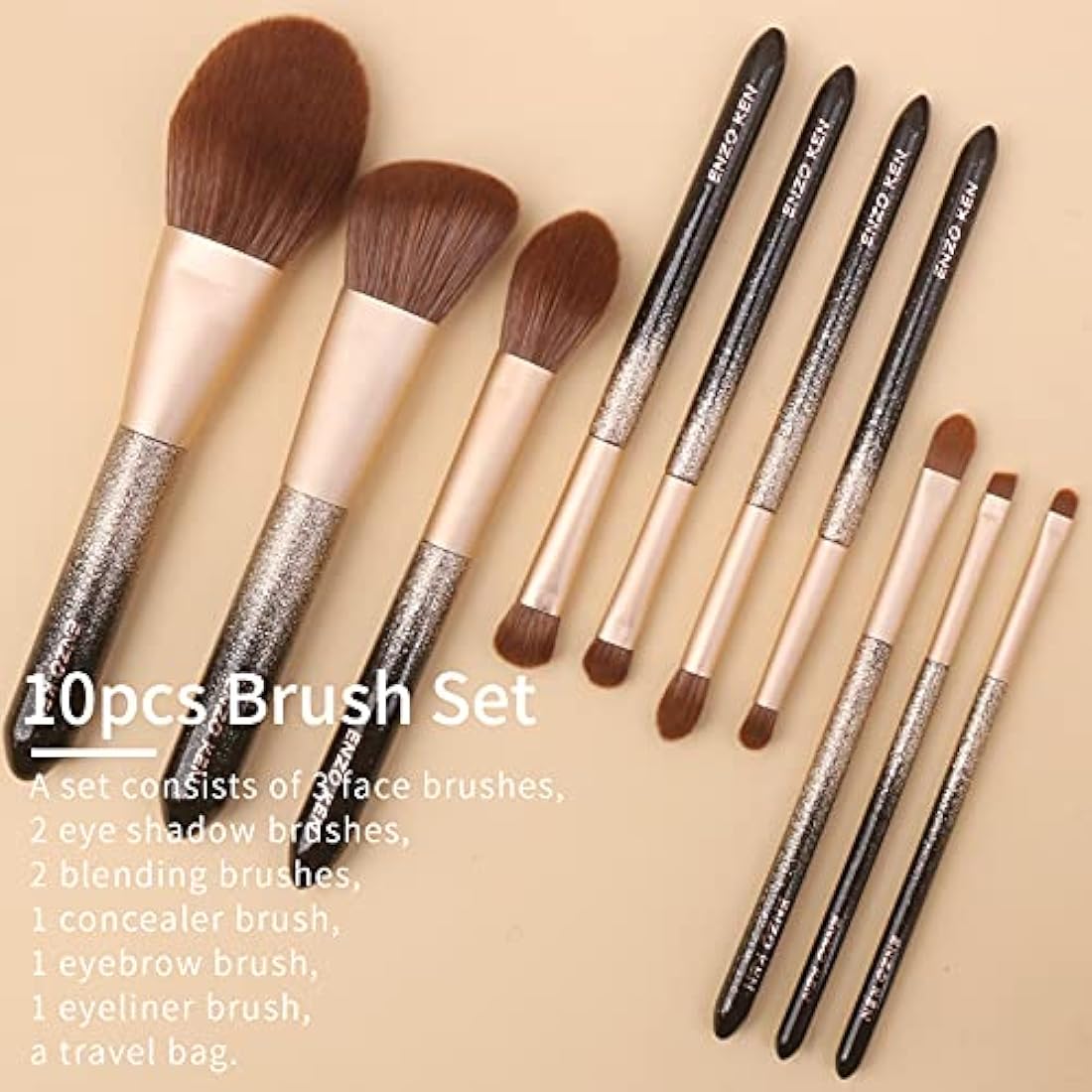 ENZO KEN Professional Sable Hair Makeup Brush Set with Case - Black
