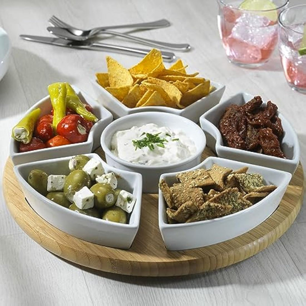 Jolof Store Rotating Lazy Susan Dip Set | 6 Ceramic Serving Dishes