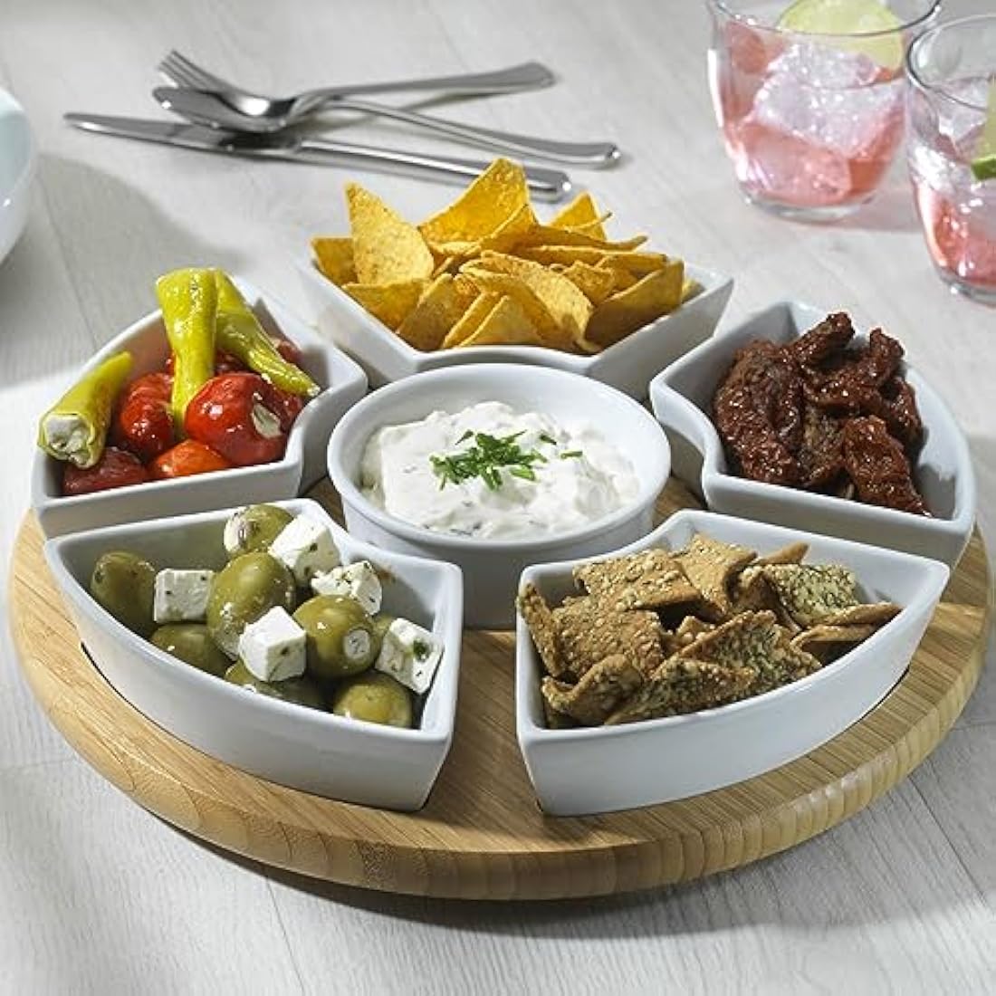 Jolof Store Rotating Lazy Susan Dip Set | 6 Ceramic Serving Dishes