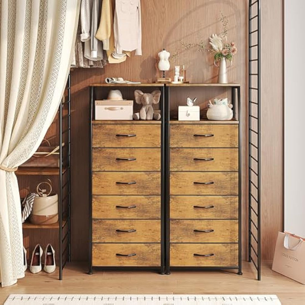 6-Drawer Fabric Dresser – Rustic Brown Tall Storage Chest