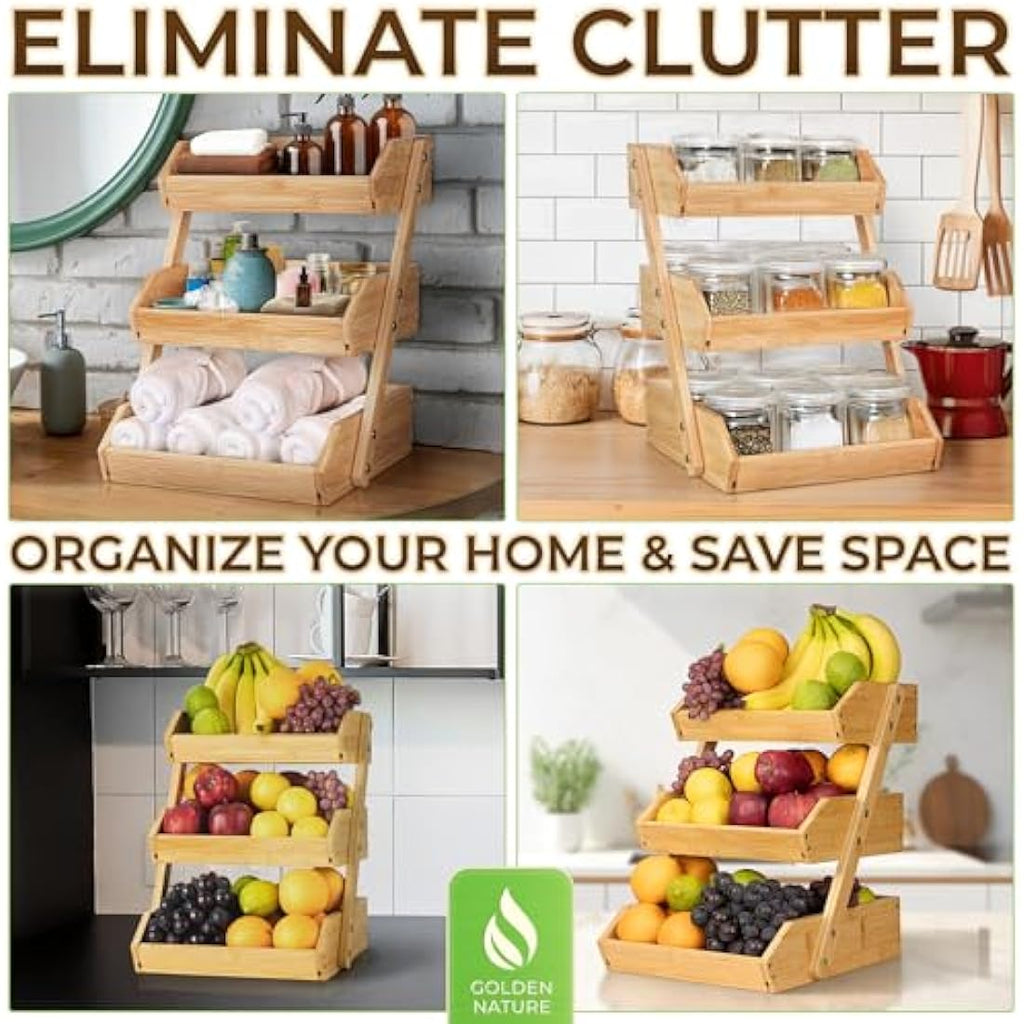 Golden Nature 3-Tier Bamboo Fruit Basket – Kitchen Countertop Organizer