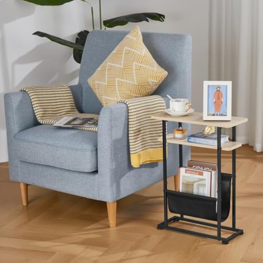 ZEXVIDA Narrow Side Table with Magazine Holder – Slim Oak End Table