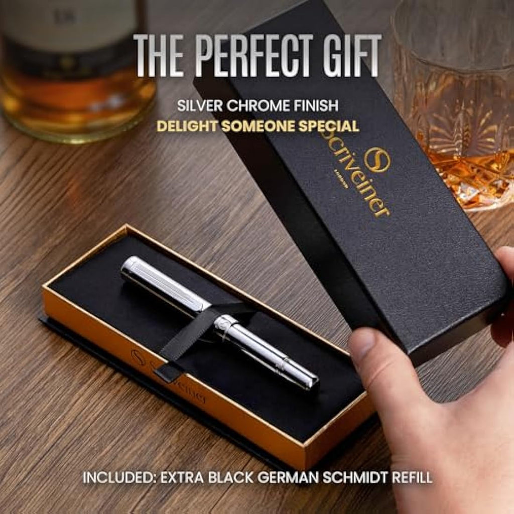 Scriveiner Silver Chrome Rollerball Pen – Luxury Heavy Pocket EDC Pen