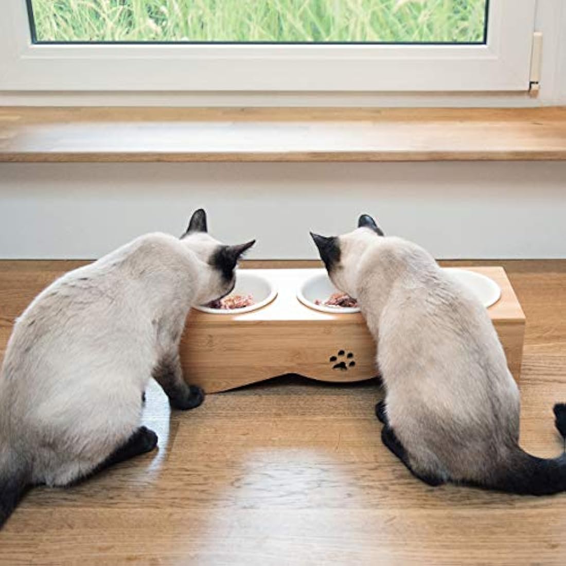 Navaris Elevated Triple Cat Bowls - Ceramic Feeder with Bamboo Stand