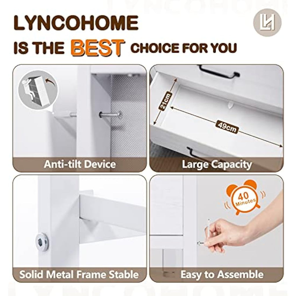 LYNCOHOME 6 Drawer Chest of Drawers | White TV Stand with Metal Frame