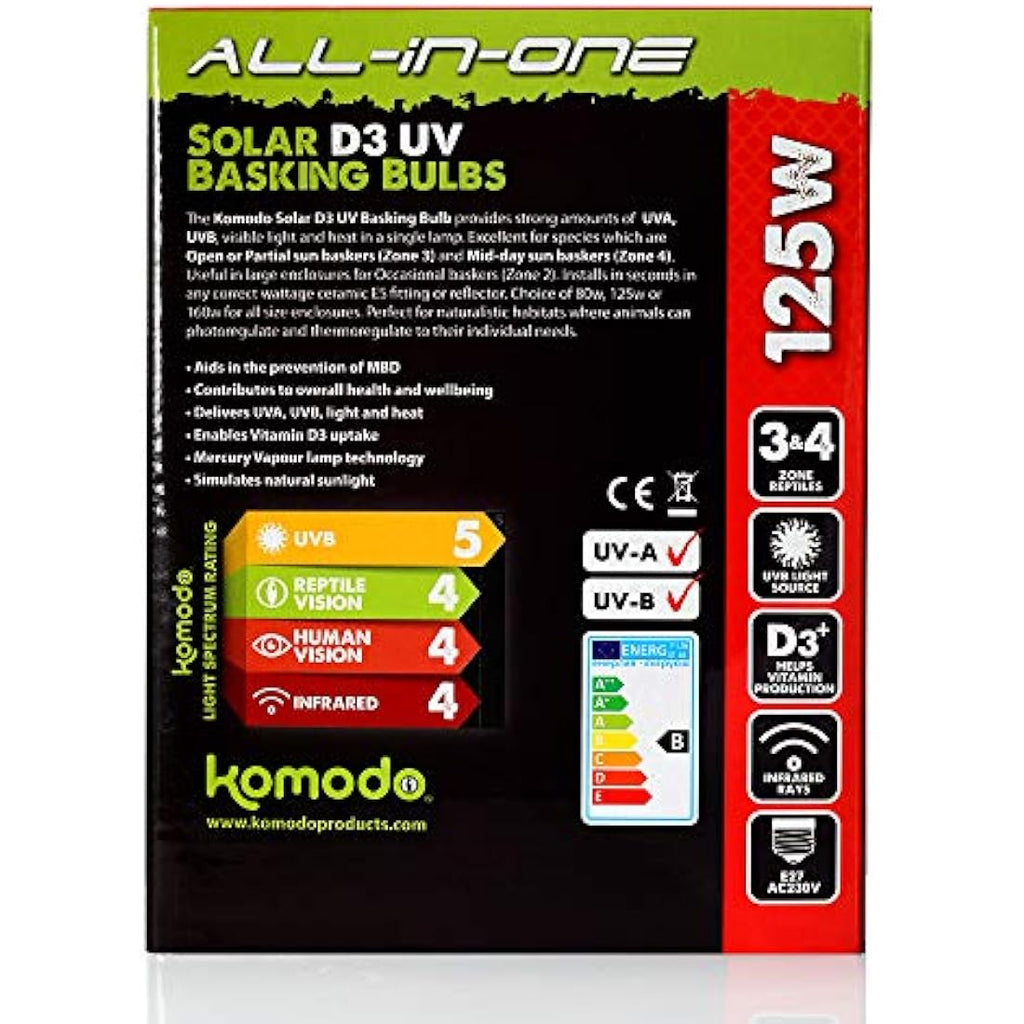 Komodo Solar D3 UV Basking Bulb – 125W Heat & Light for Reptiles