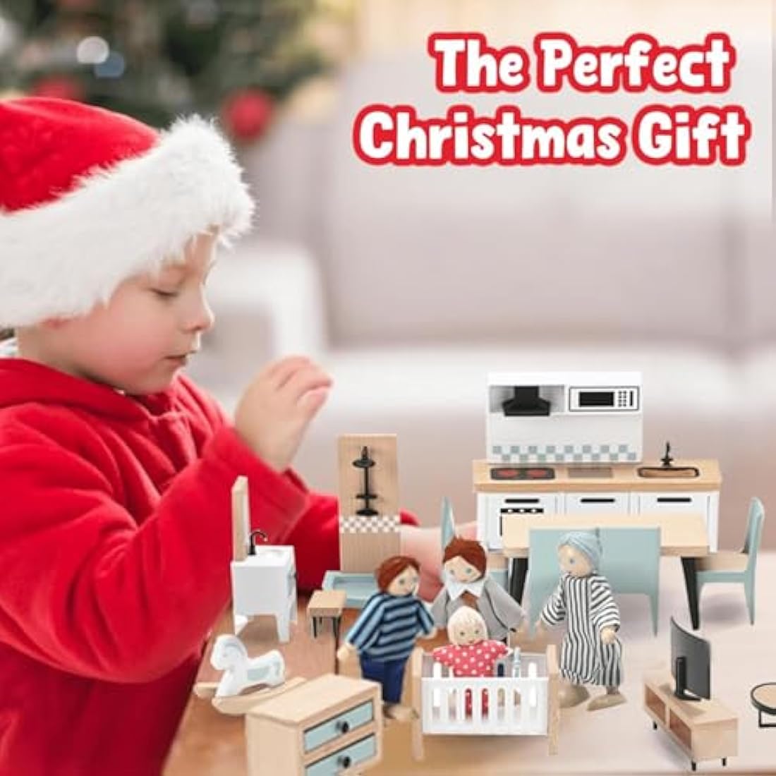 Giant Bean Wooden Dollhouse Furniture Set | 36pcs with 4 Family Dolls
