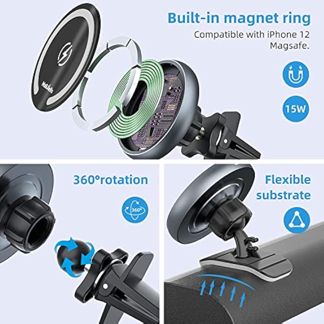 MAGJIEYX 15W Magnetic Wireless Car Charger for iPhone 16/15/14/13/12