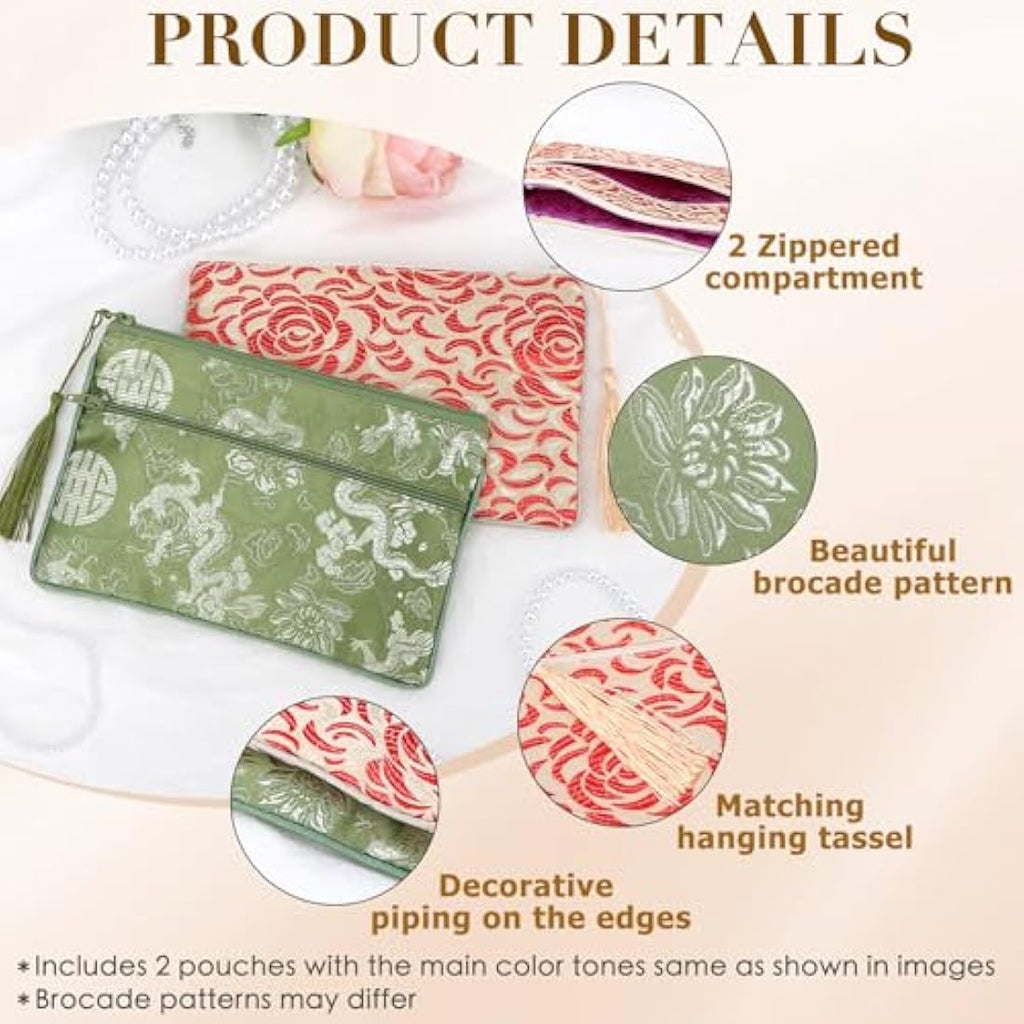 Jolof Store Chinese Silk Brocade Jewelry Pouch with Tassel, Set of 2