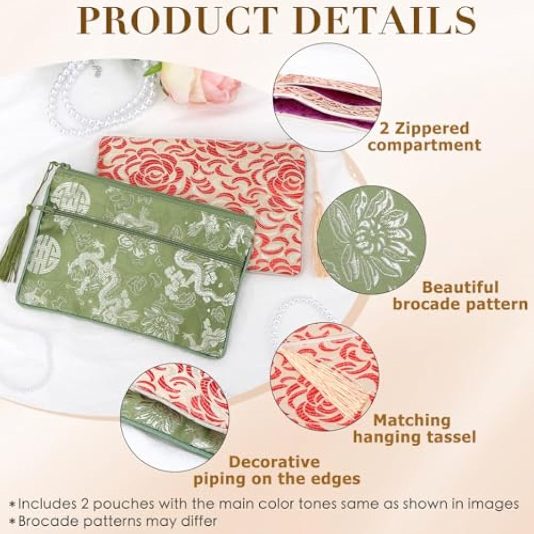 Jolof Store Chinese Silk Brocade Jewelry Pouch with Tassel, Set of 2