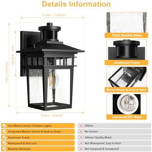 APOTO Motion Sensor Outdoor Wall Light | Dusk to Dawn Aluminum Porch Lantern