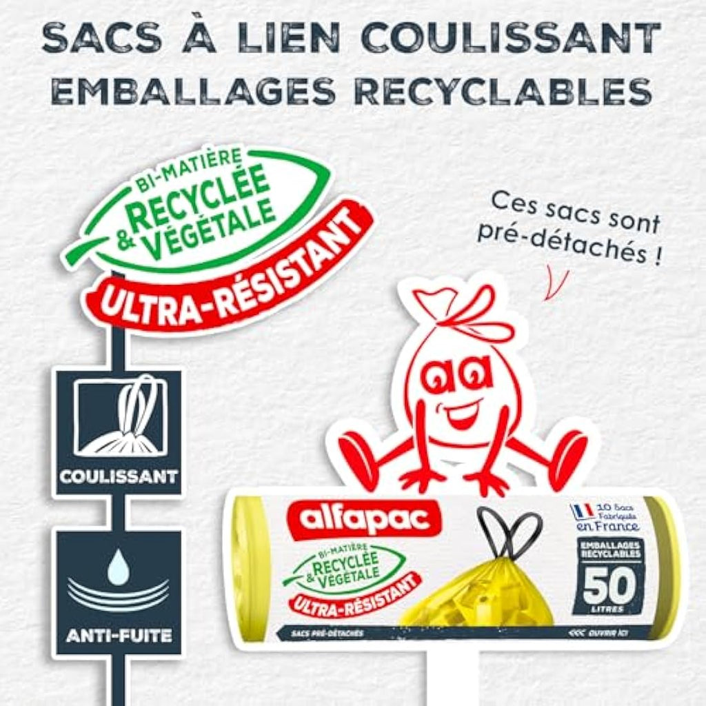 Alfapac Heavy Duty Drawstring Bin Liners - 50L Recyclable Green (10 Pack)