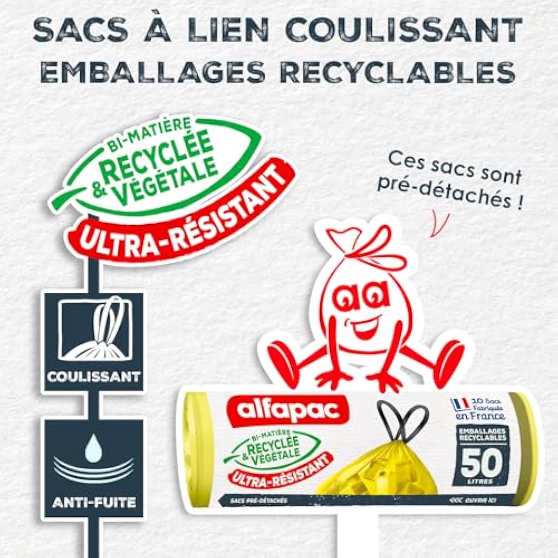Alfapac Heavy Duty Drawstring Bin Liners - 50L Recyclable Green (10 Pack)