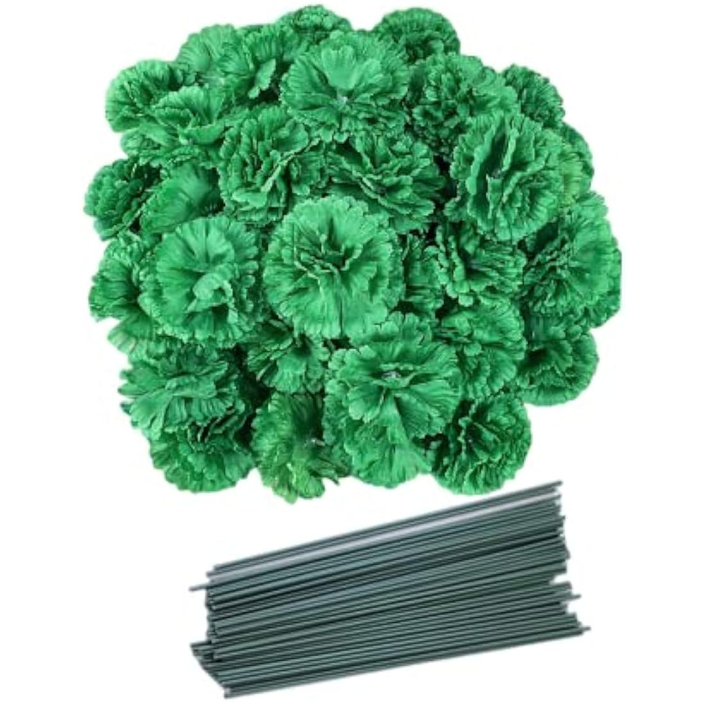 50pc Silk Carnation Flower Heads with Stems – Dark Green 3"