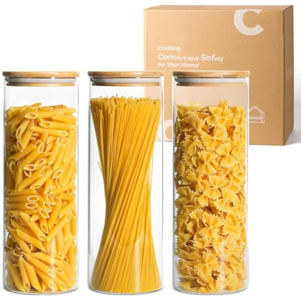 ComSaf 1.9L Glass Spaghetti Storage Jars - Airtight Food Canisters, Set of 3