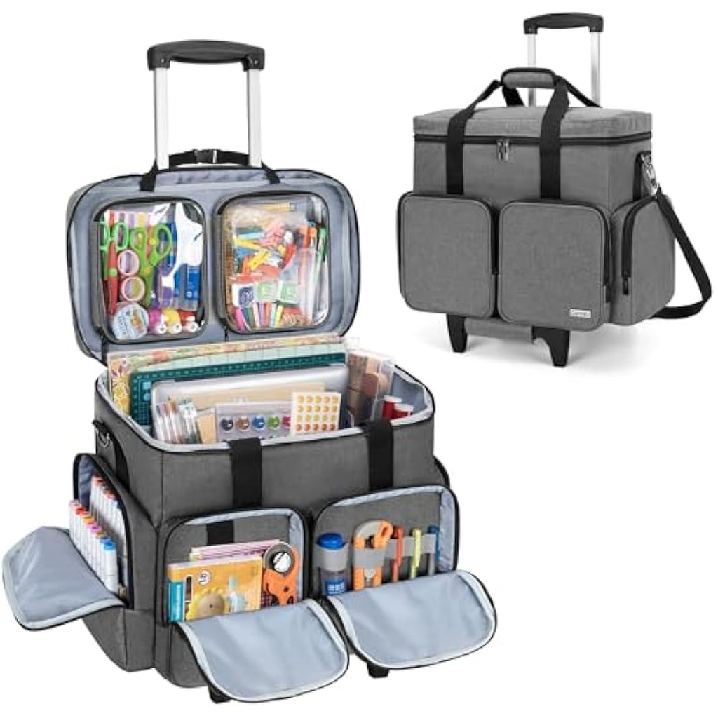 CURMIO Rolling Scrapbook Tote | Wheeled Craft Bag with Laptop Sleeve – Grey