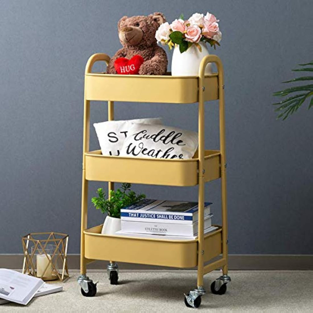 DOEWORKS 3-Tier Metal Rolling Utility Cart – Slim Storage Trolley, Khaki