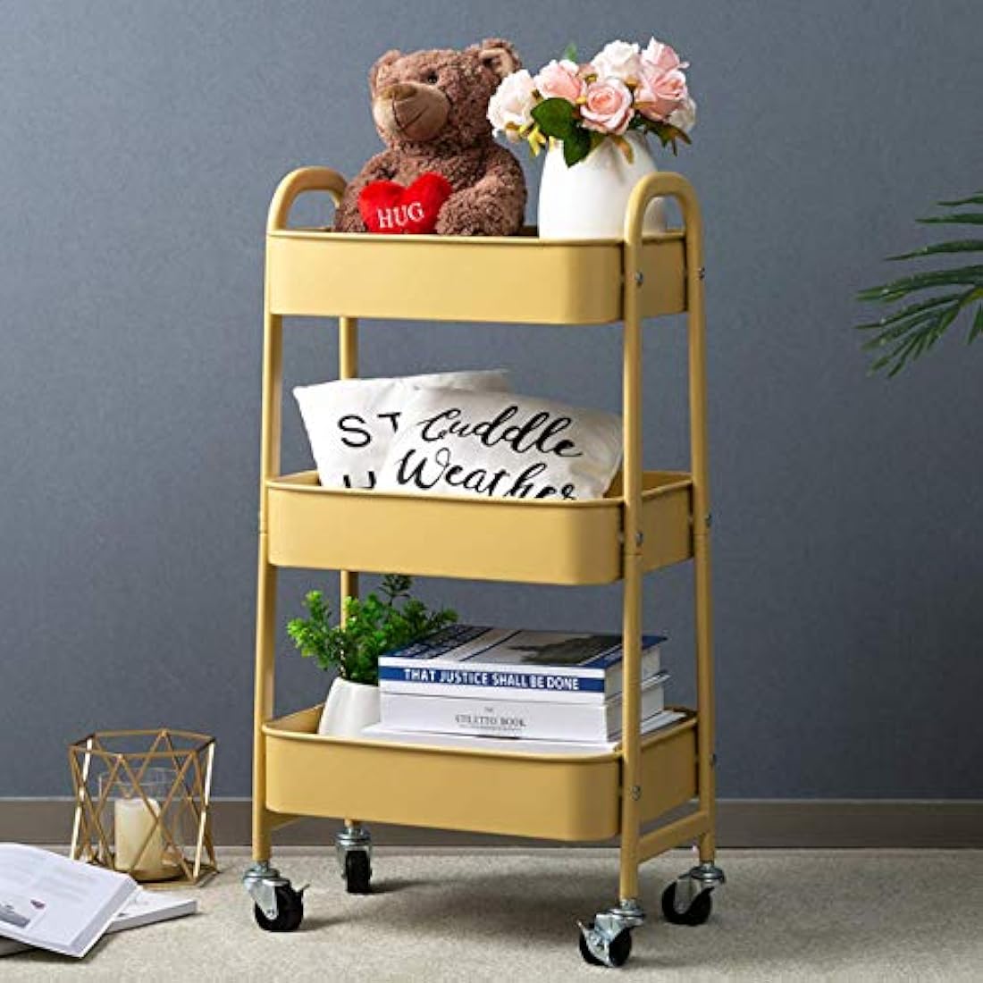 DOEWORKS 3-Tier Metal Rolling Utility Cart – Slim Storage Trolley, Khaki