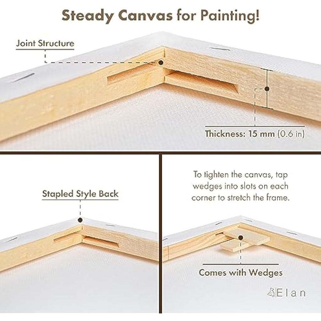 Elan Stretched Canvas 50x60cm | 6-Pack 100% Cotton White Art Canvases