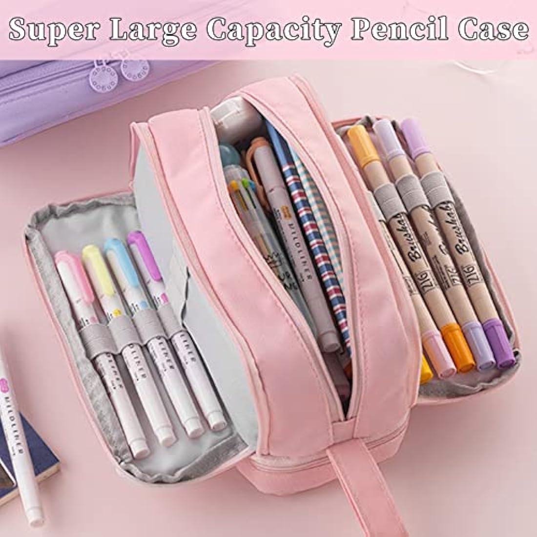 Tesmien Large Pencil Case | 4-Compartment Canvas Stationery Bag - Pink