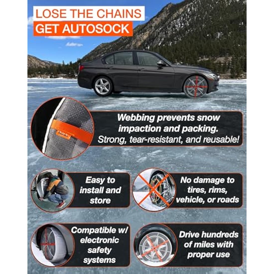 AutoSock HP 685E Textile Snow Socks – Winter Tire Traction Aid (1 Pair)
