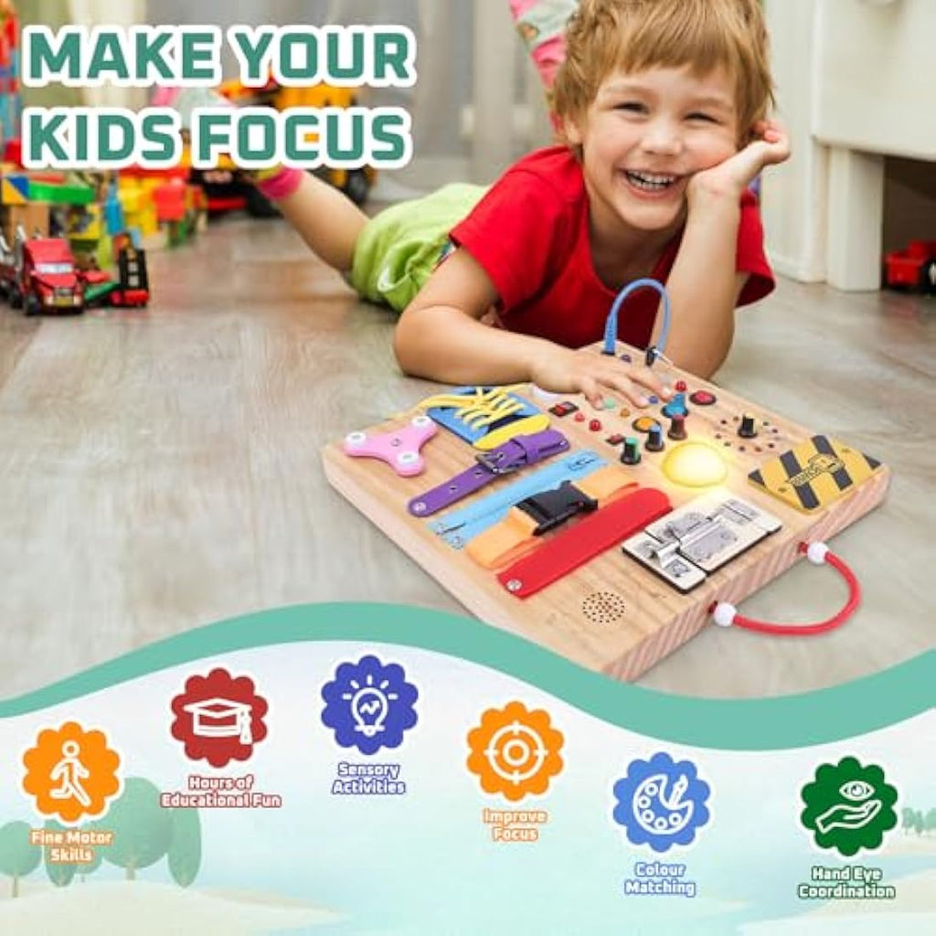 Jolof Store Montessori Busy Board – 23-in-1 Wooden LED Sensory Toy