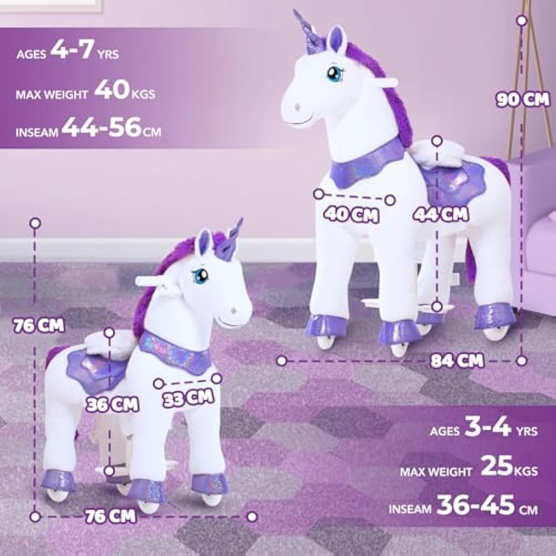 PonyCycle Ride on Unicorn Kids Scooter - Purple Mechanical Toy (Size 3)
