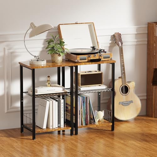 iDavosic.ly Industrial 3-Tier Side Table Set of 2 – Rustic Brown Nightstand