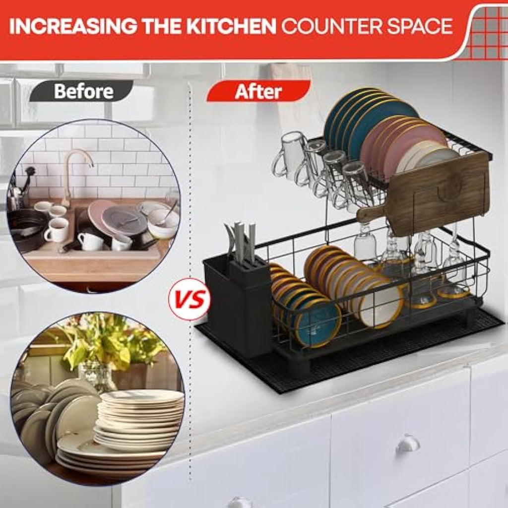 RebelEver 2-Tier Dish Drying Rack – Rustproof Carbon Steel Sink Drainer