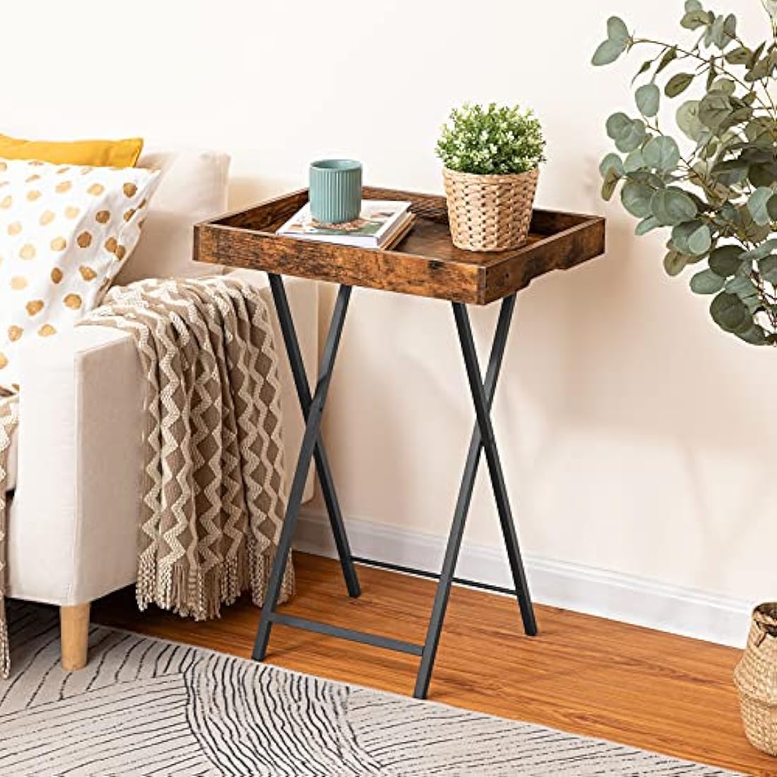 HOOBRO Folding TV Tray Table | Rustic Brown Side Table with Serving Tray