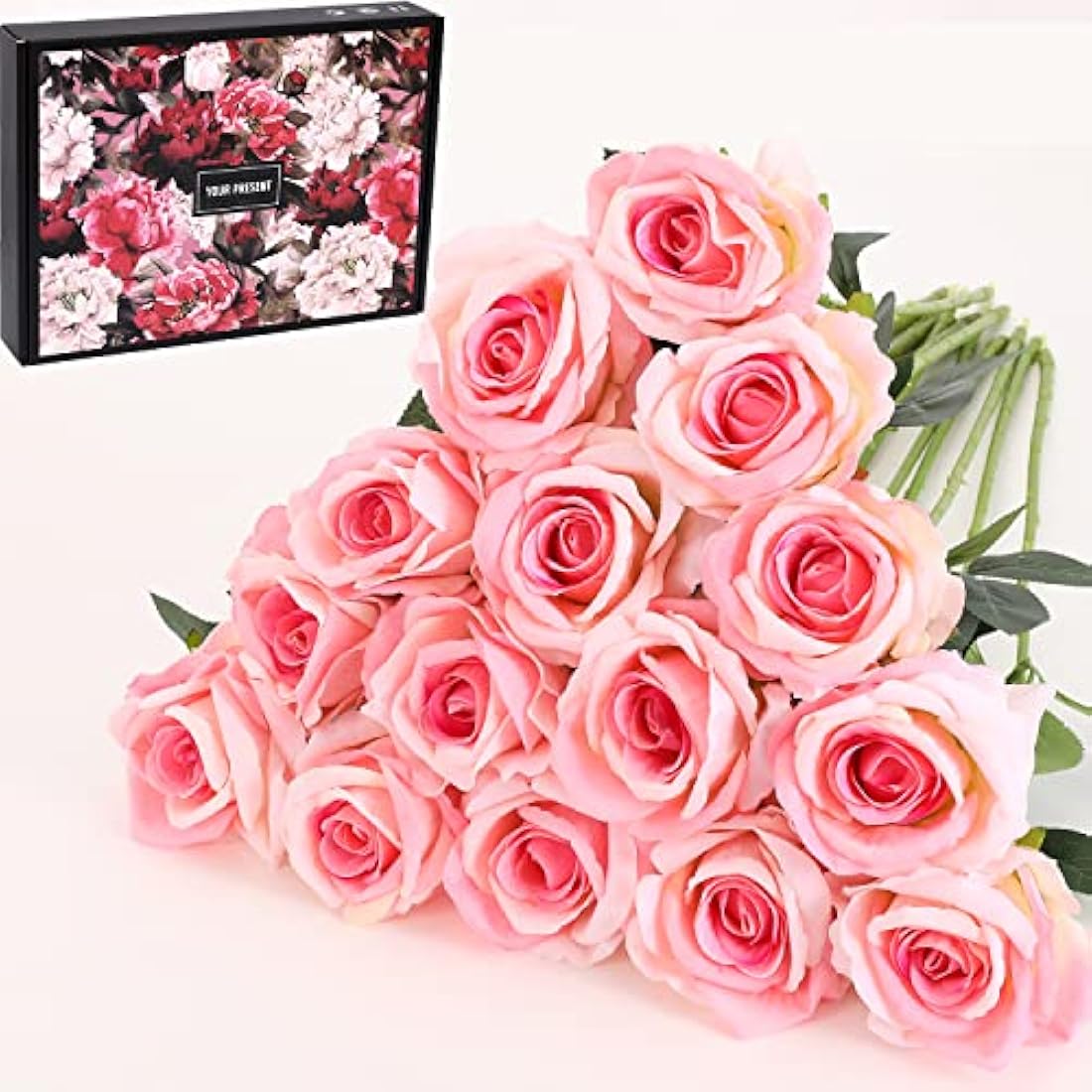 Cloudecor 15Pcs Pink Velvet Artificial Roses – 19.7" Long Stem Silk Flowers