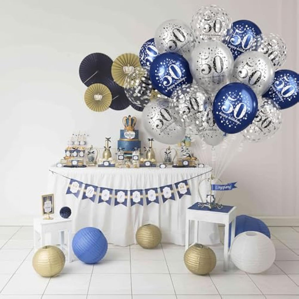 Jolof Store 50th Birthday Balloons - 15pc Navy Blue & Silver Party Decor
