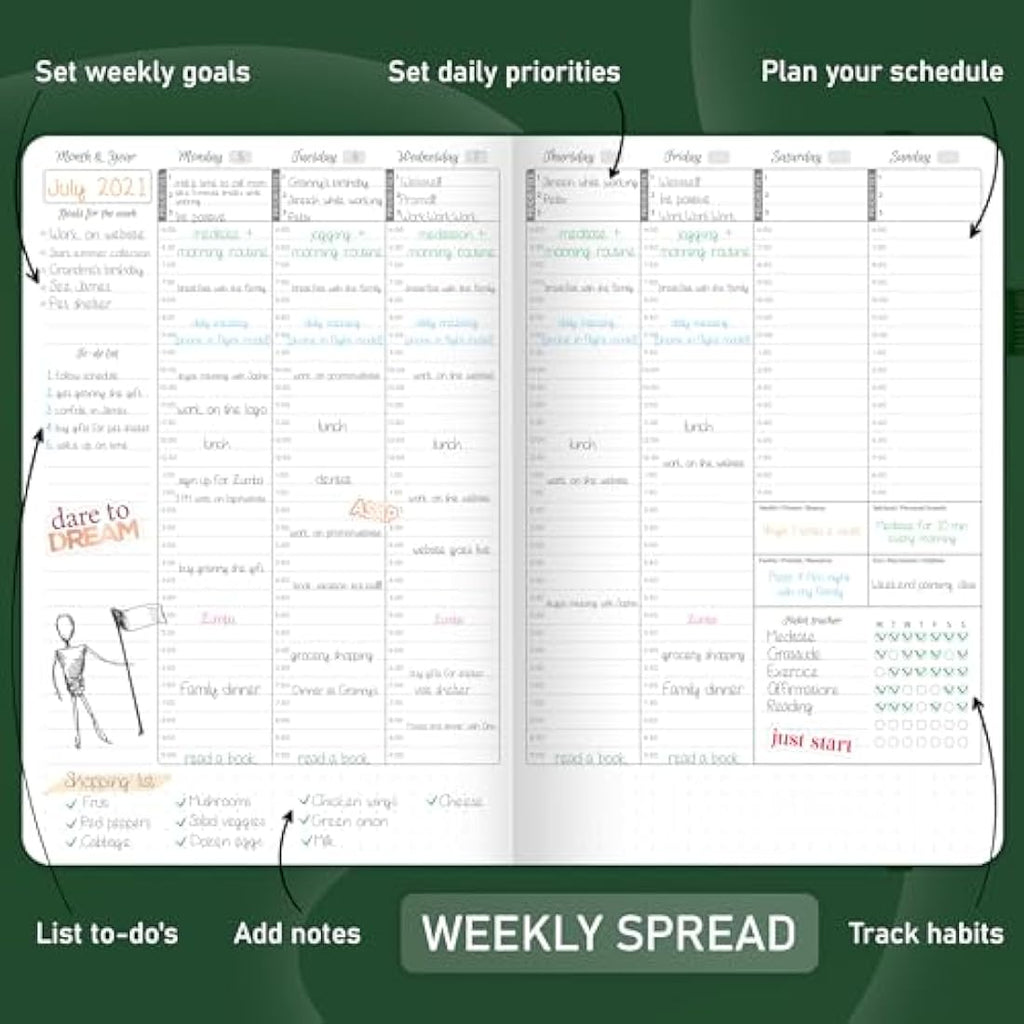 GoGirl Undated Hourly Planner – A5 Forest Green Eco-Leather Agenda