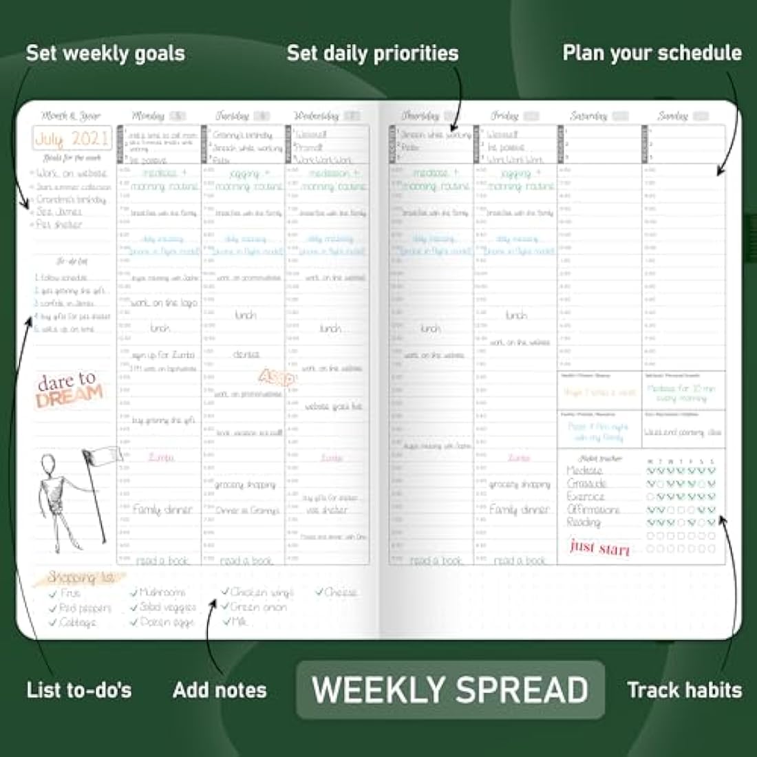 GoGirl Undated Hourly Planner – A5 Forest Green Eco-Leather Agenda