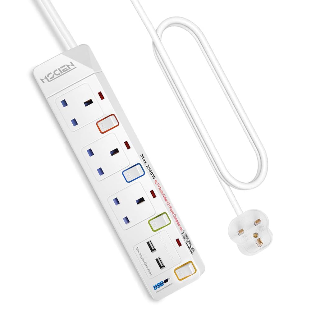 Mscien 3 Way Extension Lead with 2 USB Slots – 3M Mountable Power Strip