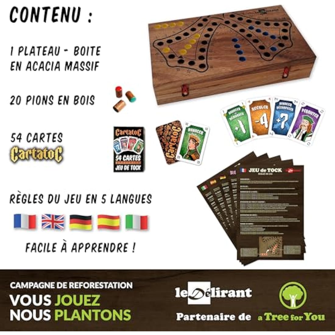 Le Délirant Tock Wooden Board Game | Eco-Friendly 4 Player Strategy Set