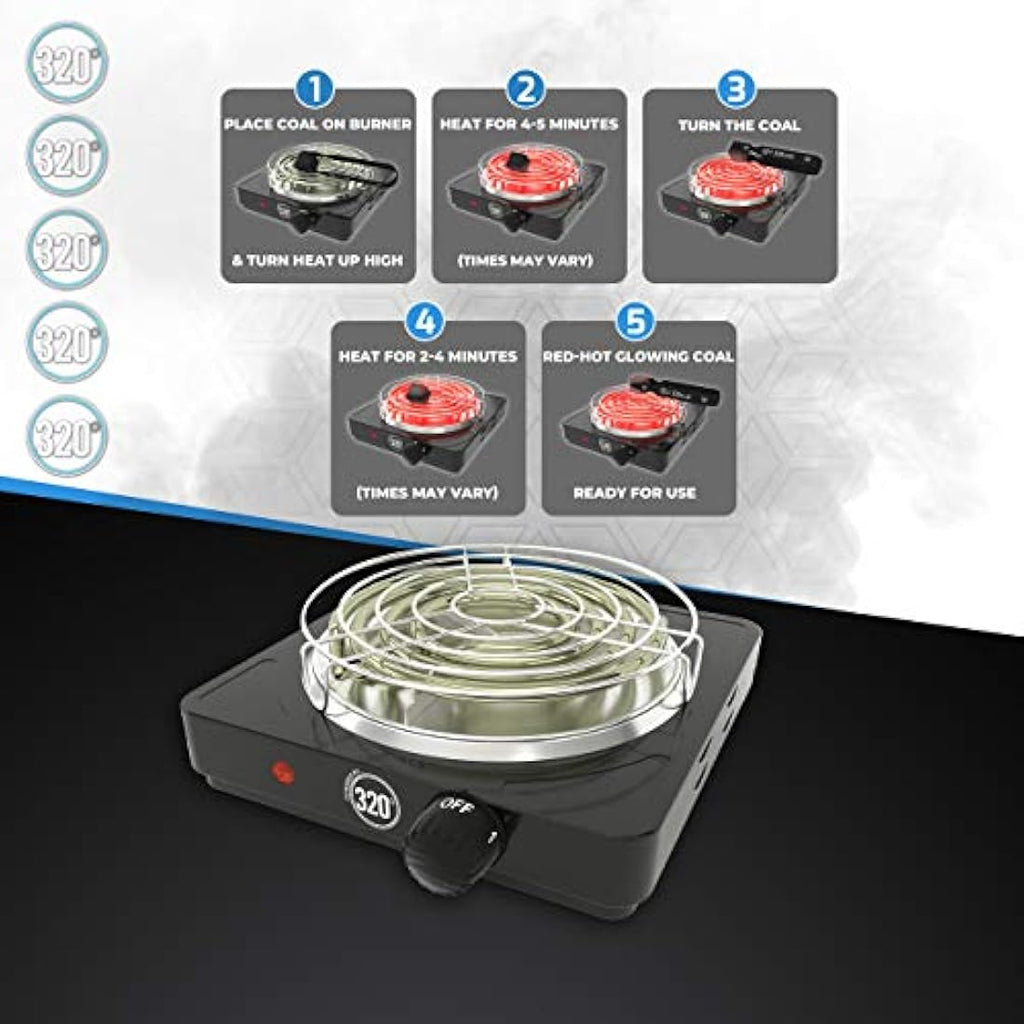 320º Electric Charcoal Burner for Coconut Coal | 1000W Stove with Tongs