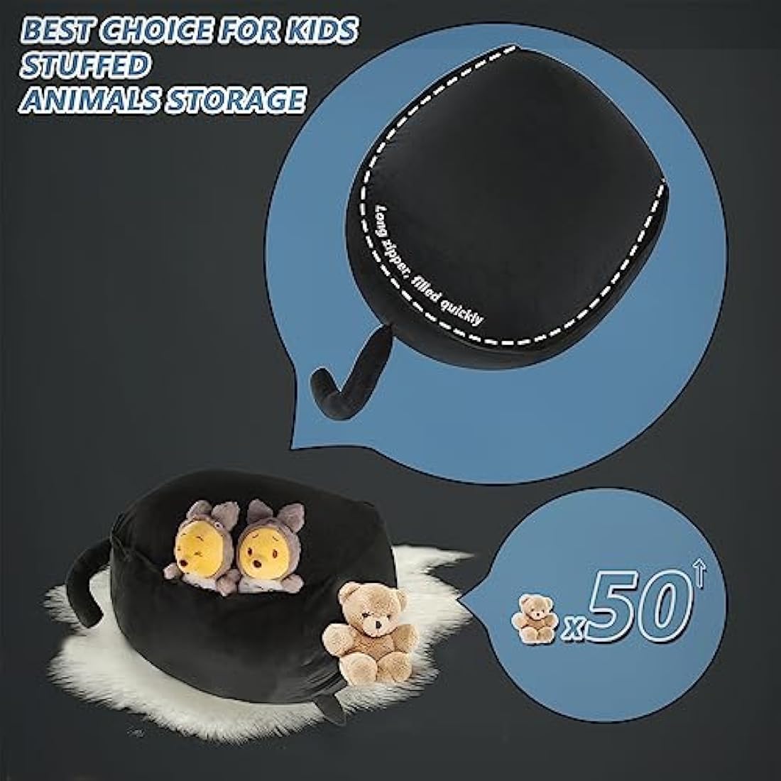 Jolof Store Black Cat Stuffed Animal Storage Bean Bag Chair Cover for Kids