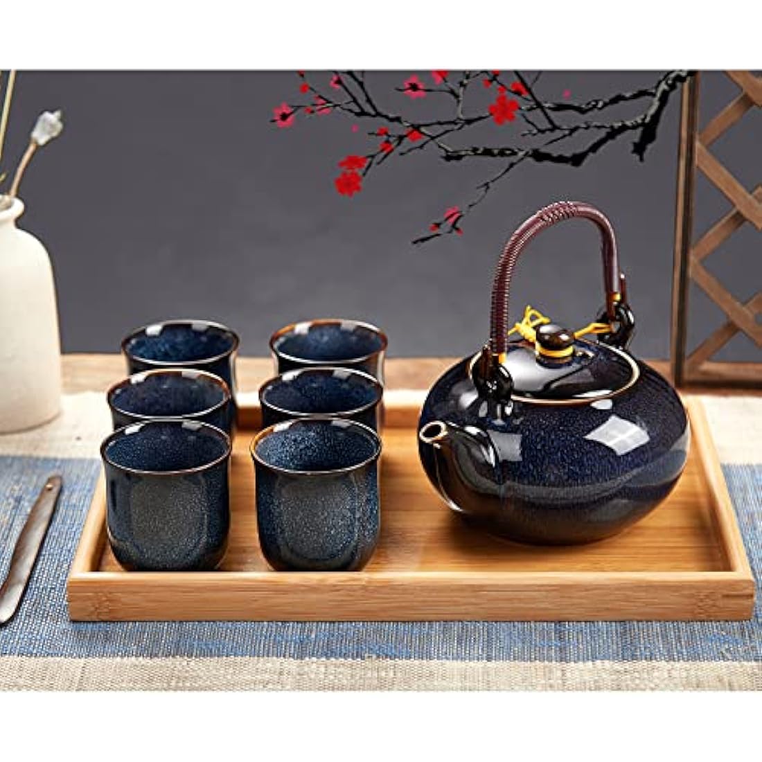 DUJUST Japanese Porcelain Tea Set - Kiln Glaze Teapot & 6 Cups with Tray