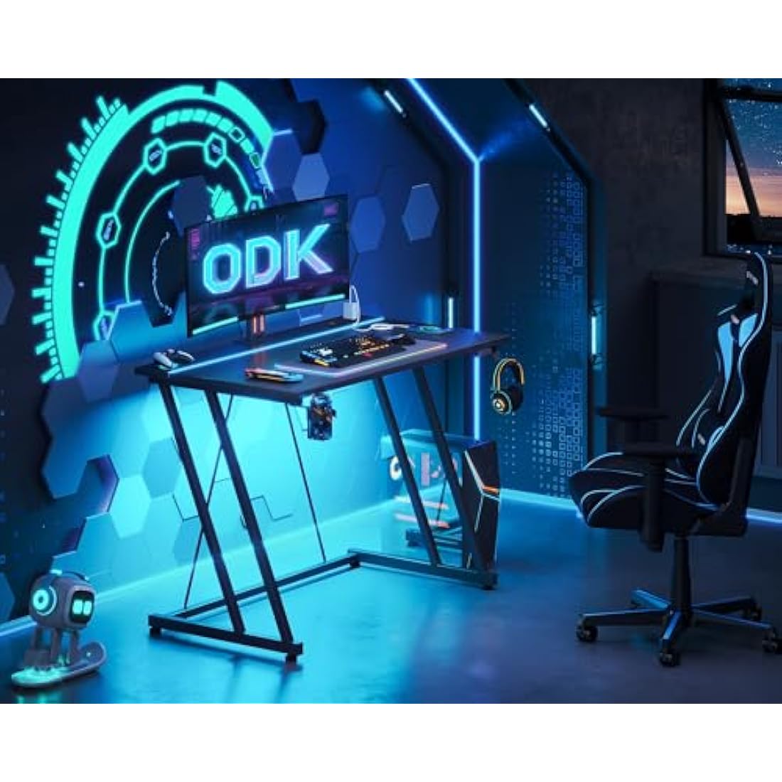 ODK Gaming Desk with LED Lights & Power Outlet | Carbon Fiber Black 80cm