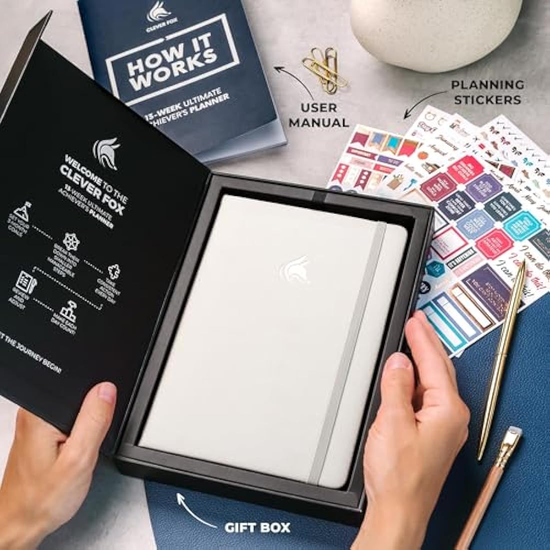 Clever Fox Goal Planner – Undated 90-Day Productivity Journal, Pearl White
