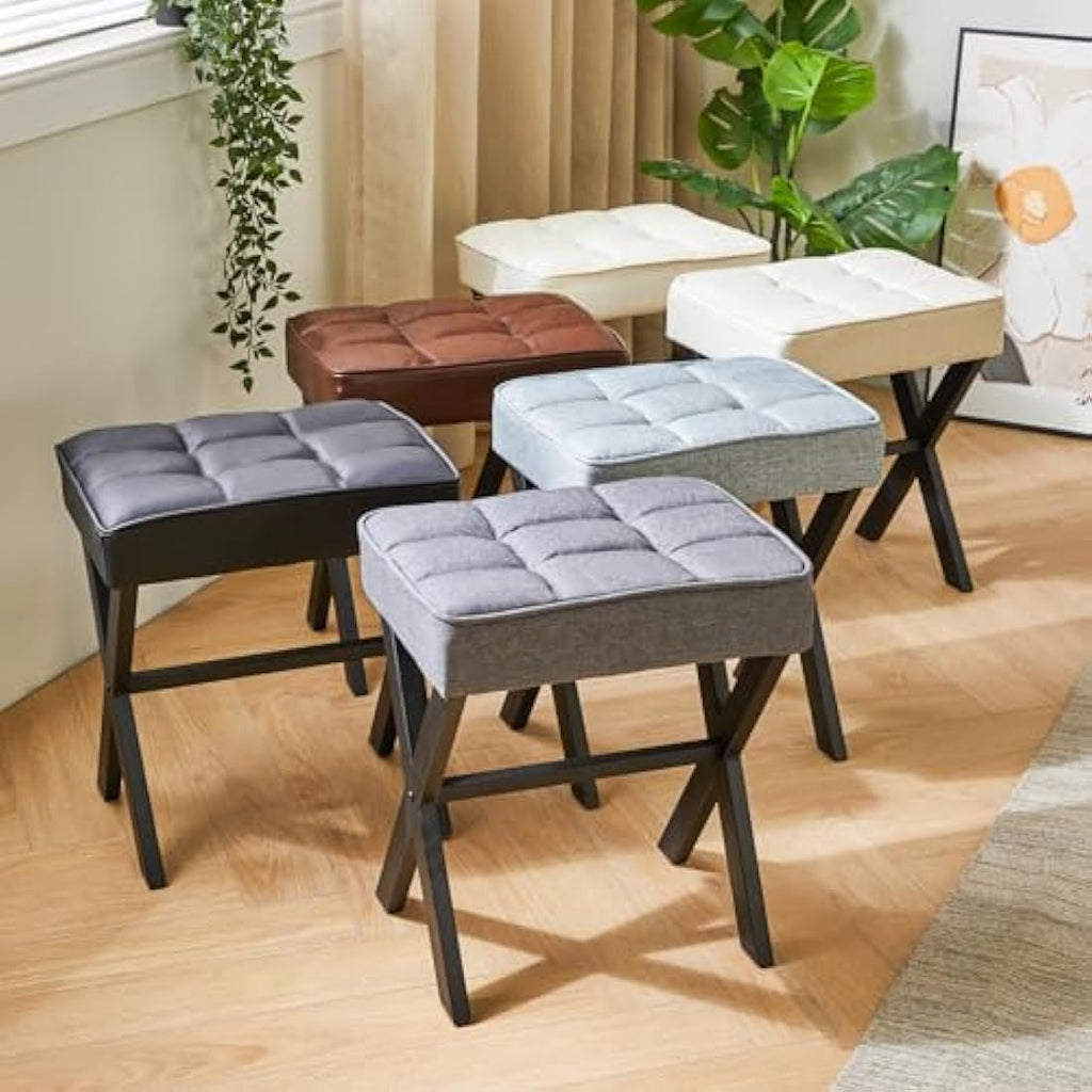 IBUYKE Square Vanity Stool – Linen Ottoman Footrest with Metal X-Legs